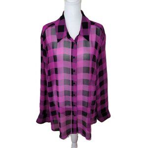 Lane Bryant Sheer Plaid Chiffon Long Sleeve Button-up Top Fuchsia Black SZ 18/20